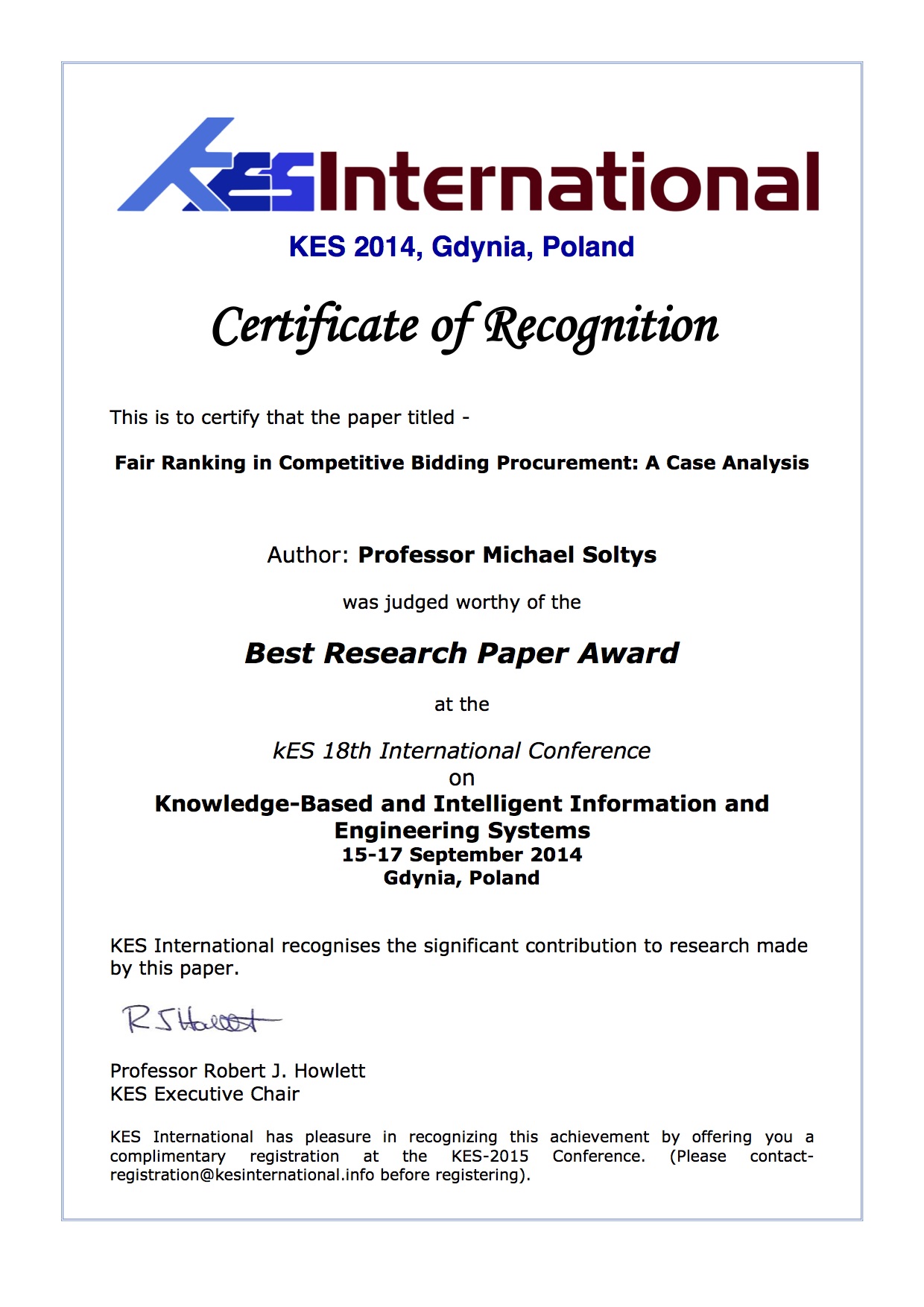 KES2014 Best Paper Award for Michael Soltys